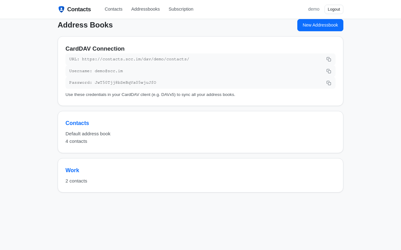 Addressbooks page with CardDAV connection details