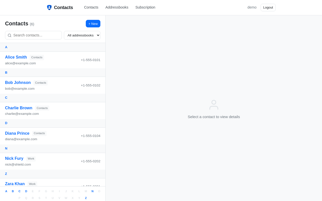 Contacts list showing multiple addressbooks